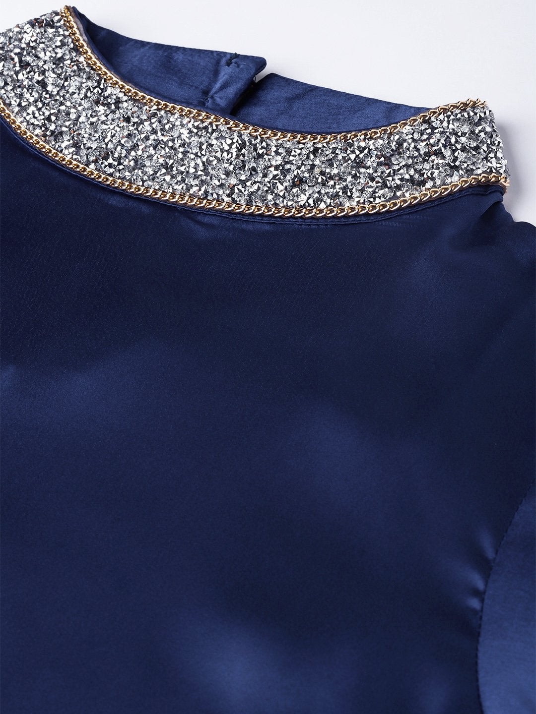 Women's Blue Satin Blingy Neck Top