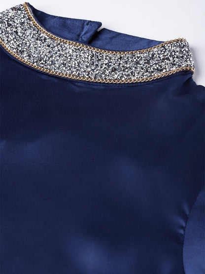 Women's Blue Satin Blingy Neck Top