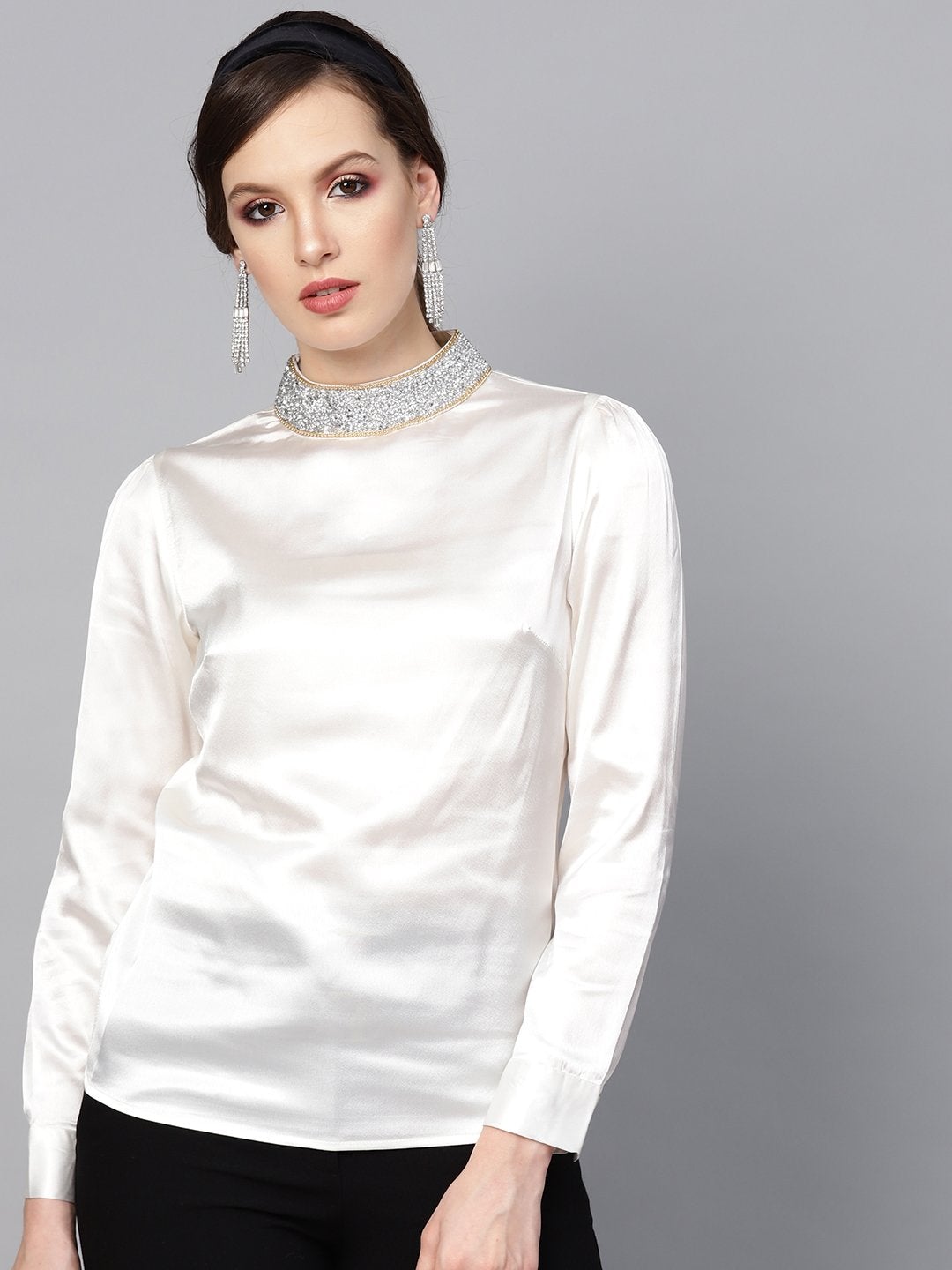 Women's Ivory Satin Blingy Neck Top