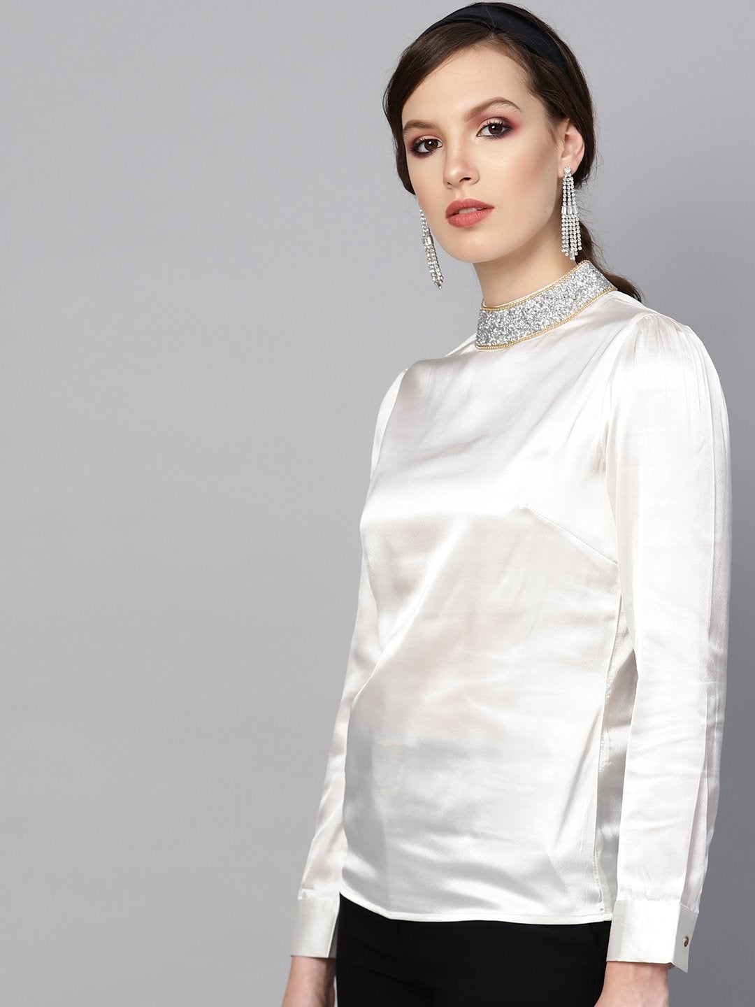 Women's Ivory Satin Blingy Neck Top