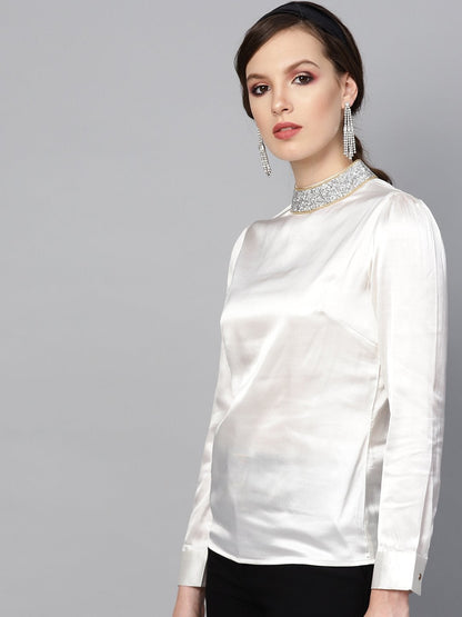Women's Ivory Satin Blingy Neck Top