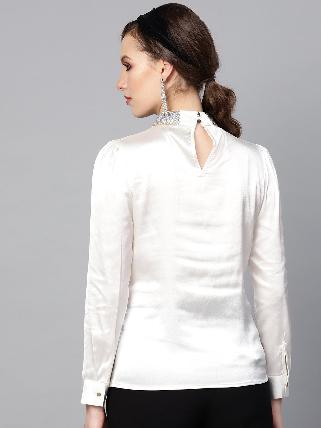 Women's Ivory Satin Blingy Neck Top