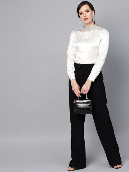 Women's Ivory Satin Blingy Neck Top
