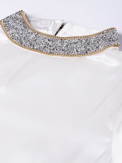 Women's Ivory Satin Blingy Neck Top
