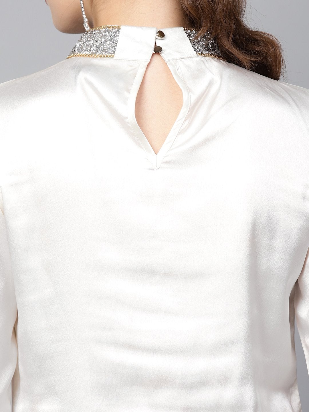 Women's Ivory Satin Blingy Neck Top