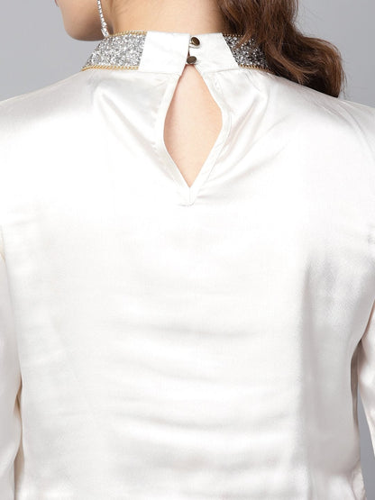 Women's Ivory Satin Blingy Neck Top