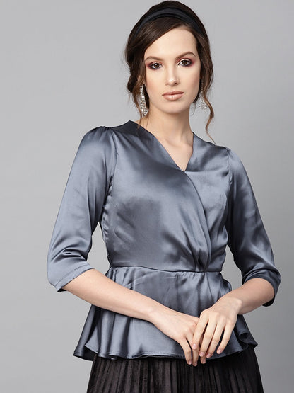 Women's Grey Satin Peplum Wrap Top