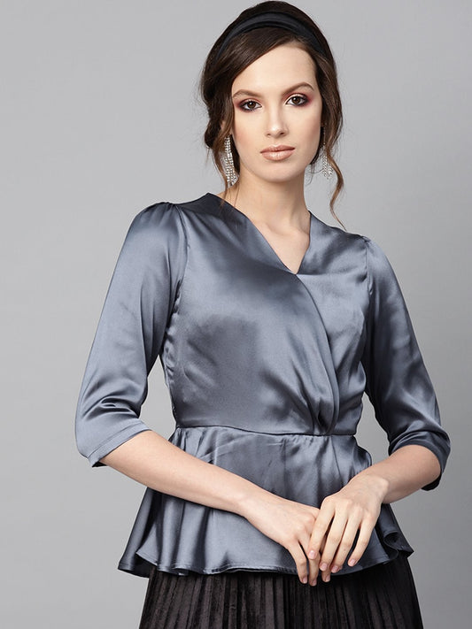 Women's Grey Satin Peplum Wrap Top