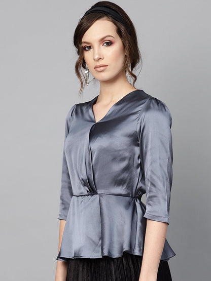 Women's Grey Satin Peplum Wrap Top