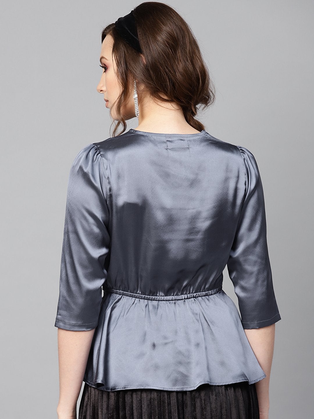 Women's Grey Satin Peplum Wrap Top
