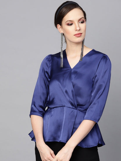 Women's Blue Satin Peplum Wrap Top