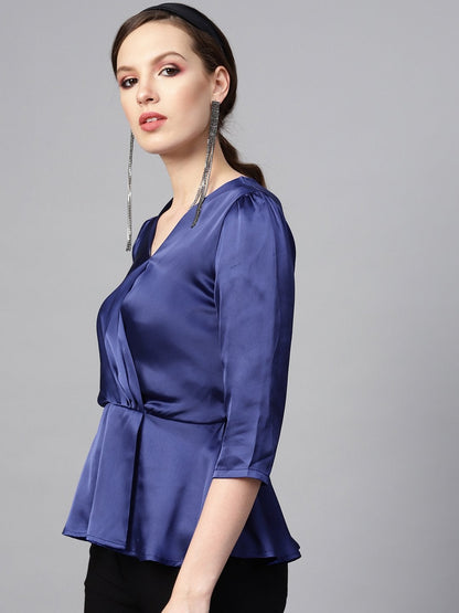 Women's Blue Satin Peplum Wrap Top