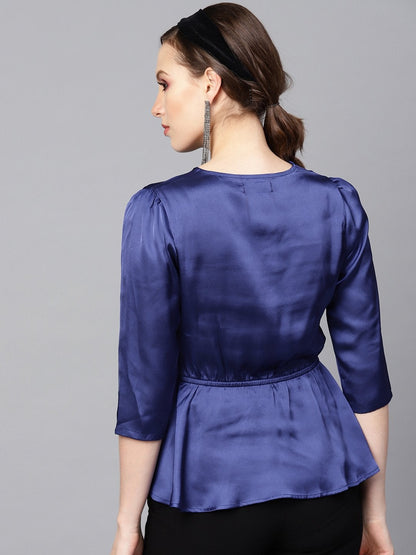 Women's Blue Satin Peplum Wrap Top