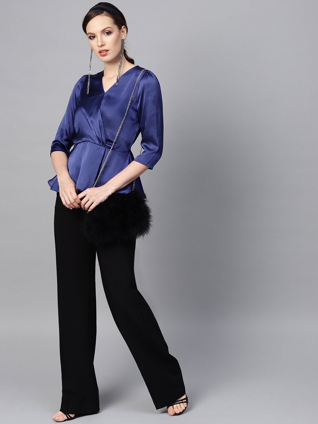 Women's Blue Satin Peplum Wrap Top