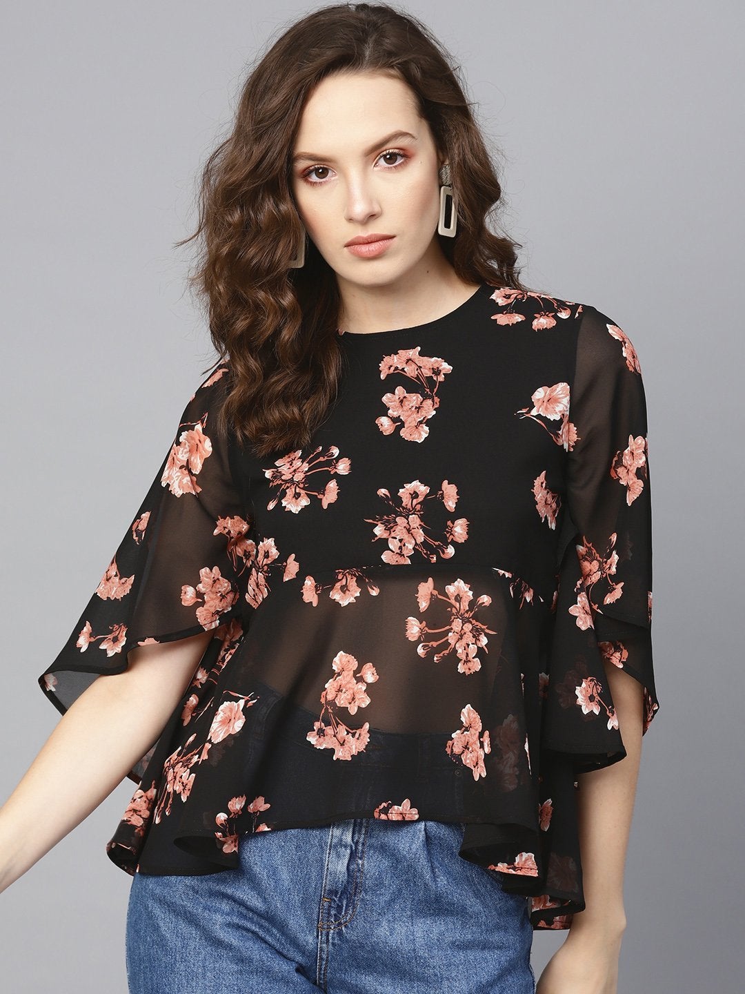 Women's Black Floral Flared Sleeve Top