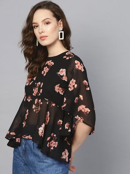 Women's Black Floral Flared Sleeve Top