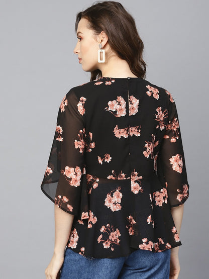 Women's Black Floral Flared Sleeve Top