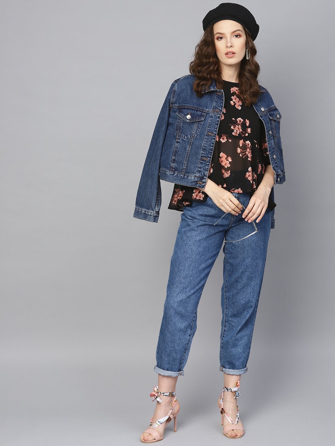 Women's Black Floral Flared Sleeve Top