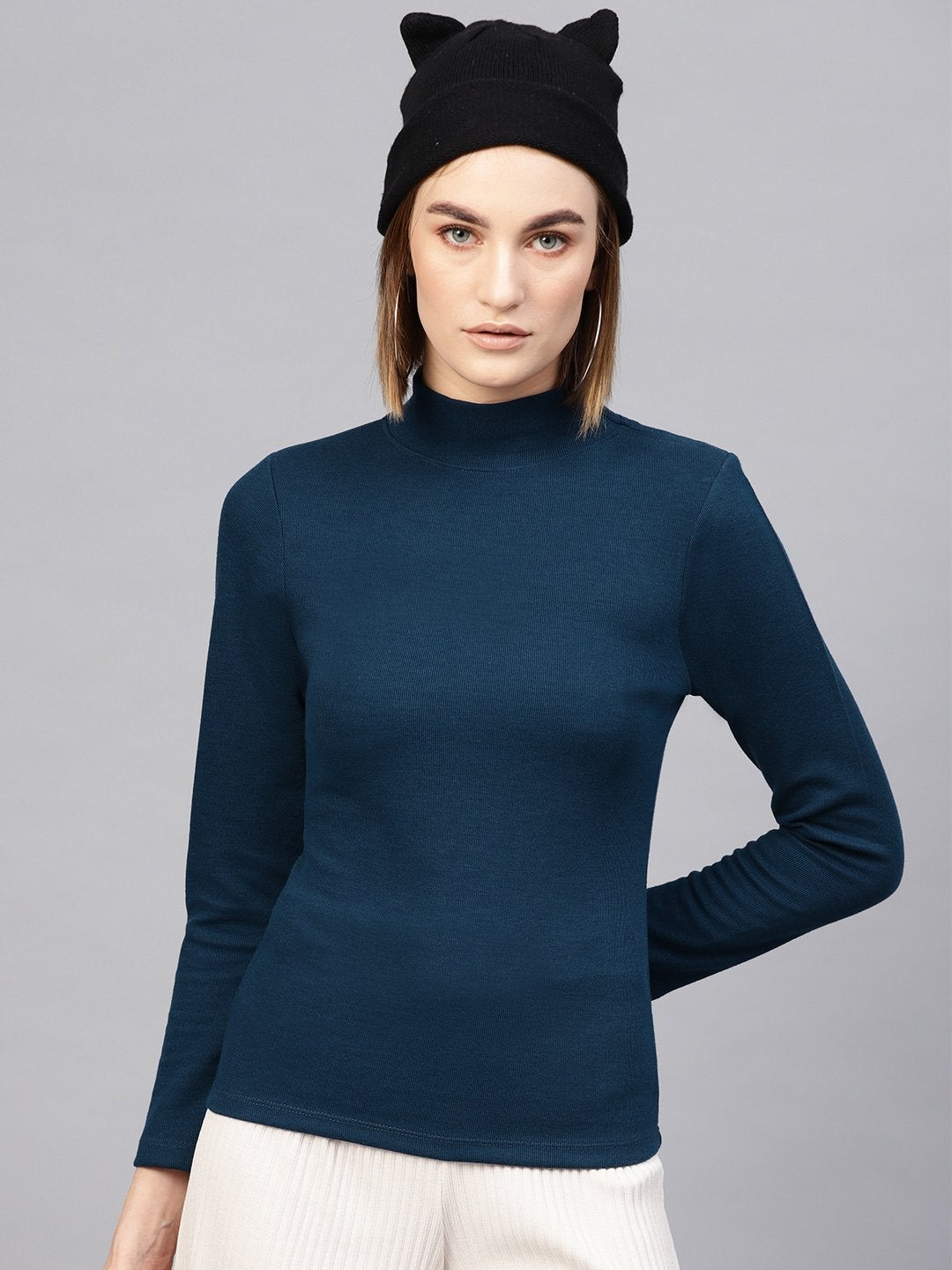 Women's Teal High Neck Rib Top