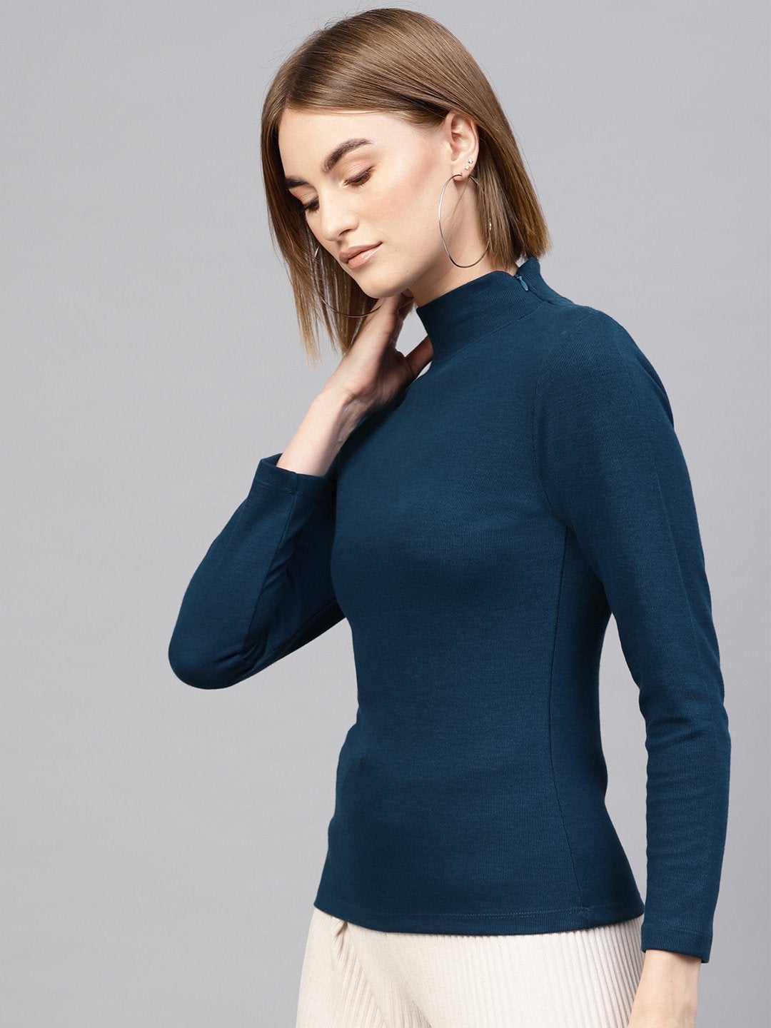 Women's Teal High Neck Rib Top