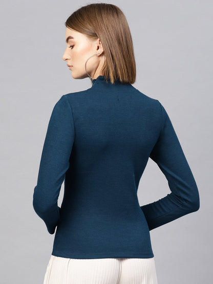 Women's Teal High Neck Rib Top