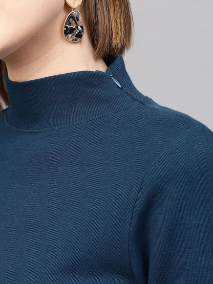 Women's Teal High Neck Rib Top
