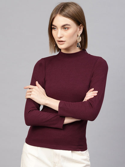 Women's Burgundy High Neck Rib Top