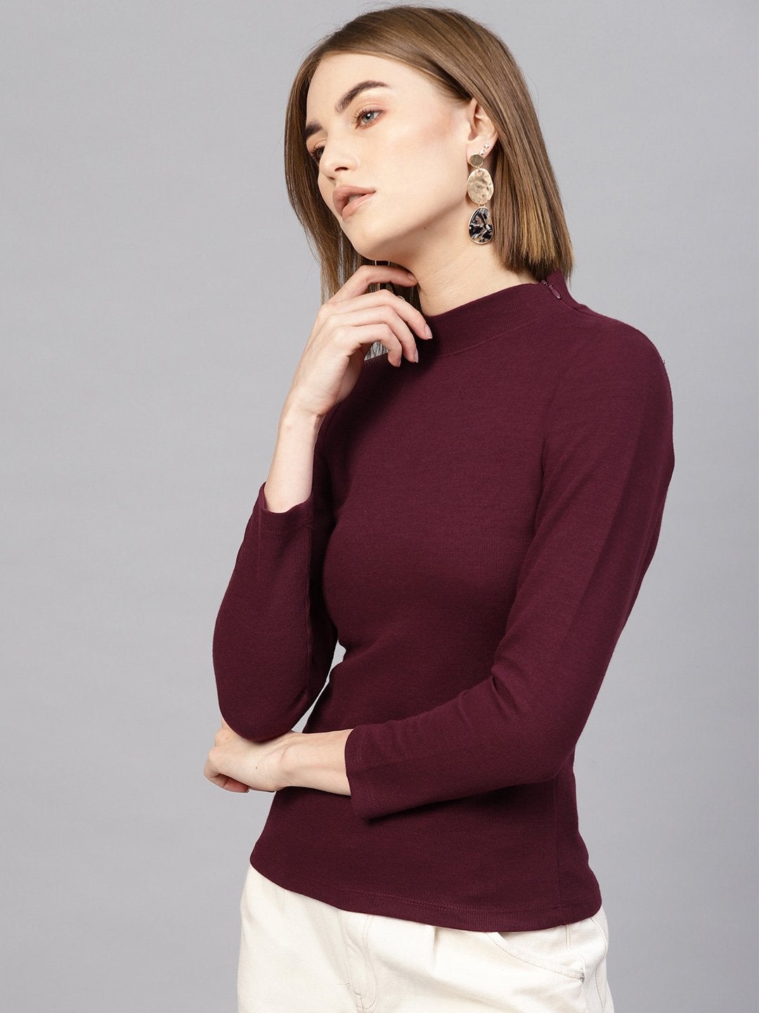 Women's Burgundy High Neck Rib Top