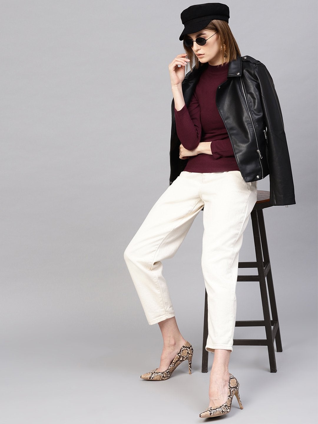Women's Burgundy High Neck Rib Top