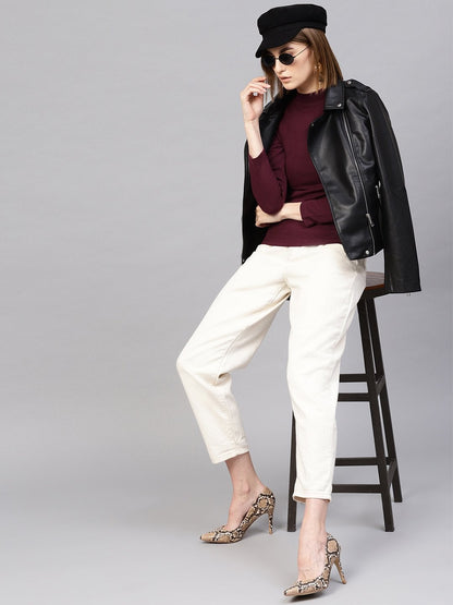 Women's Burgundy High Neck Rib Top