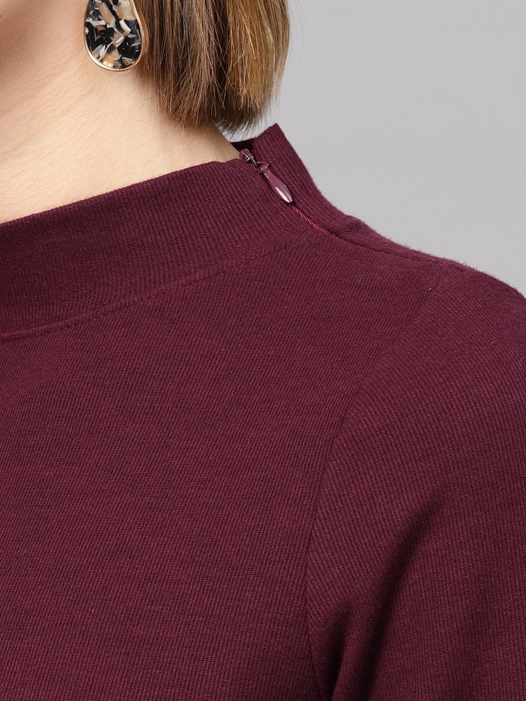 Women's Burgundy High Neck Rib Top