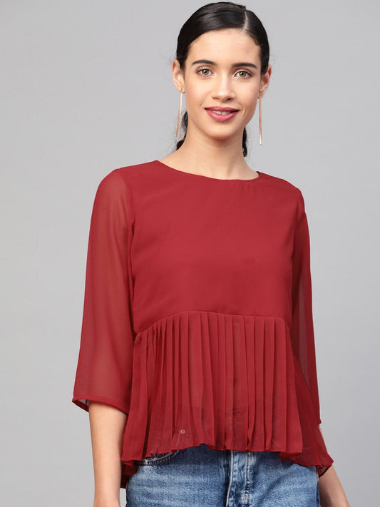 Women's Red Pleated Peplum Top