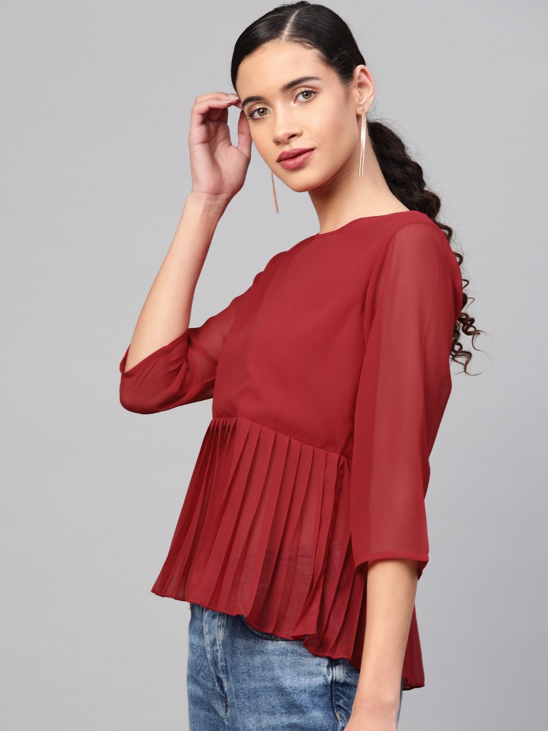 Women's Red Pleated Peplum Top