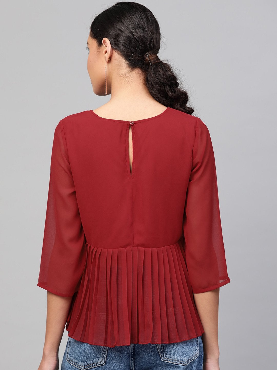 Women's Red Pleated Peplum Top