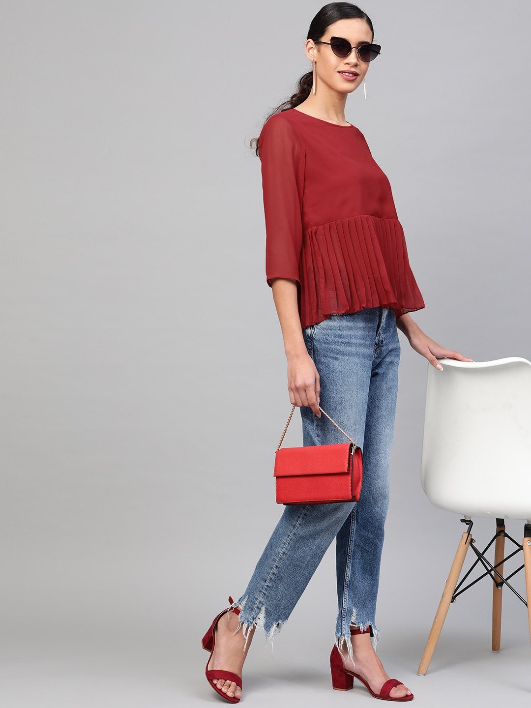 Women's Red Pleated Peplum Top