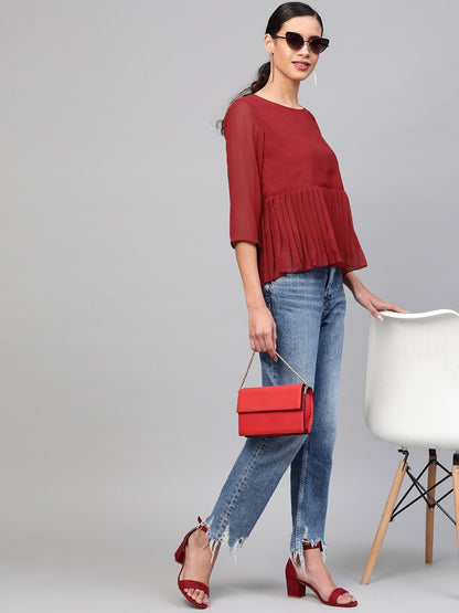 Women's Red Pleated Peplum Top