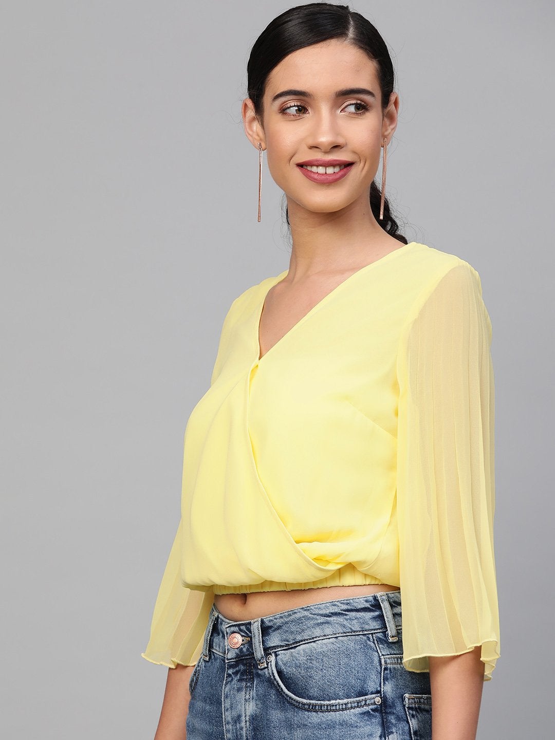 Women's Lemon Pleated Sleeve Crop Top