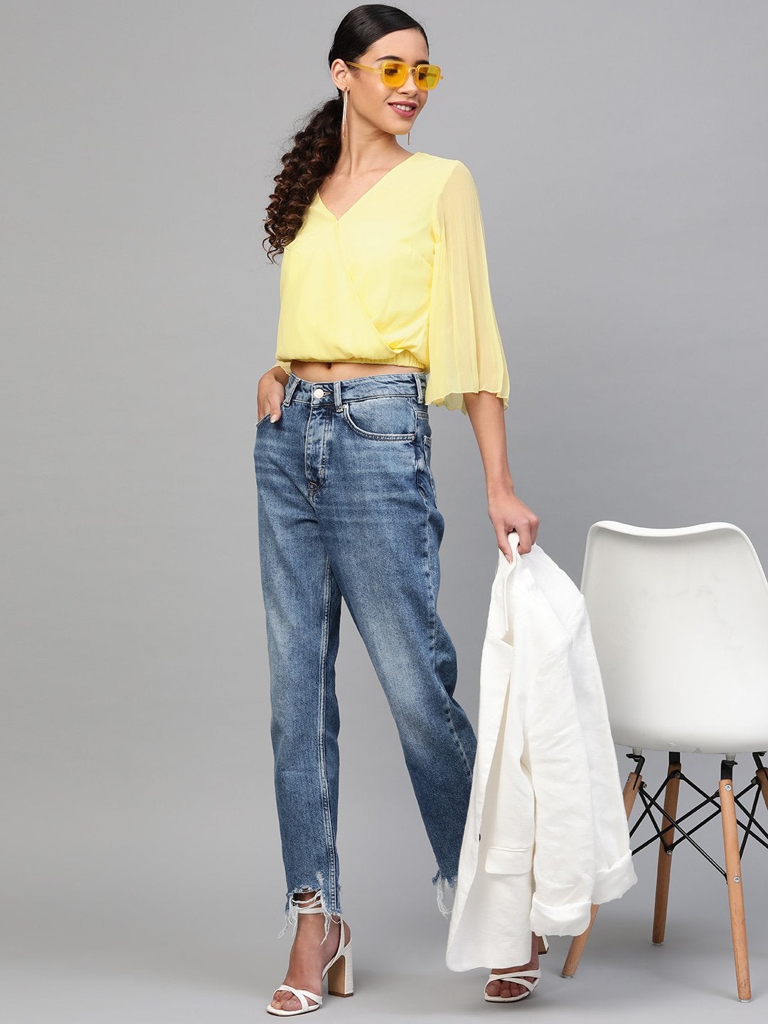 Women's Lemon Pleated Sleeve Crop Top
