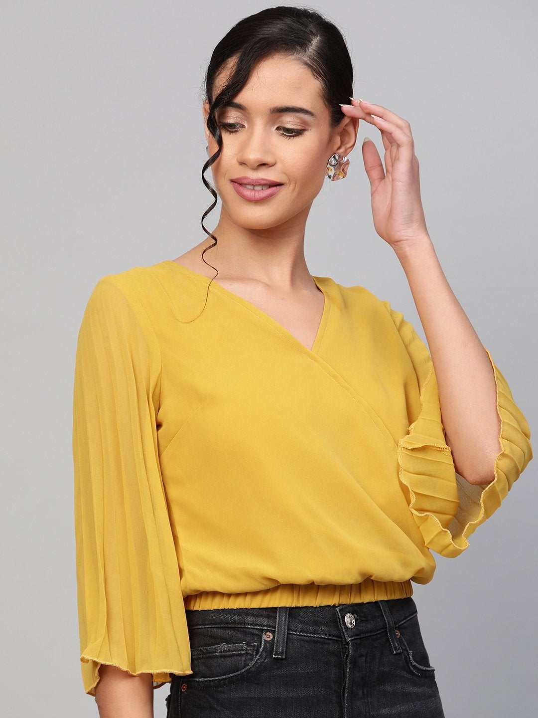 Women's Mustard Pleated Sleeve Crop Top
