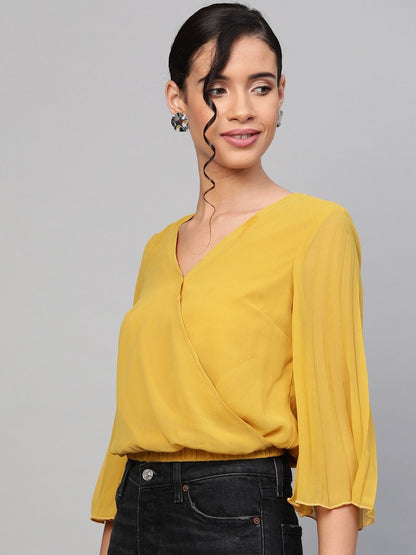 Women's Mustard Pleated Sleeve Crop Top