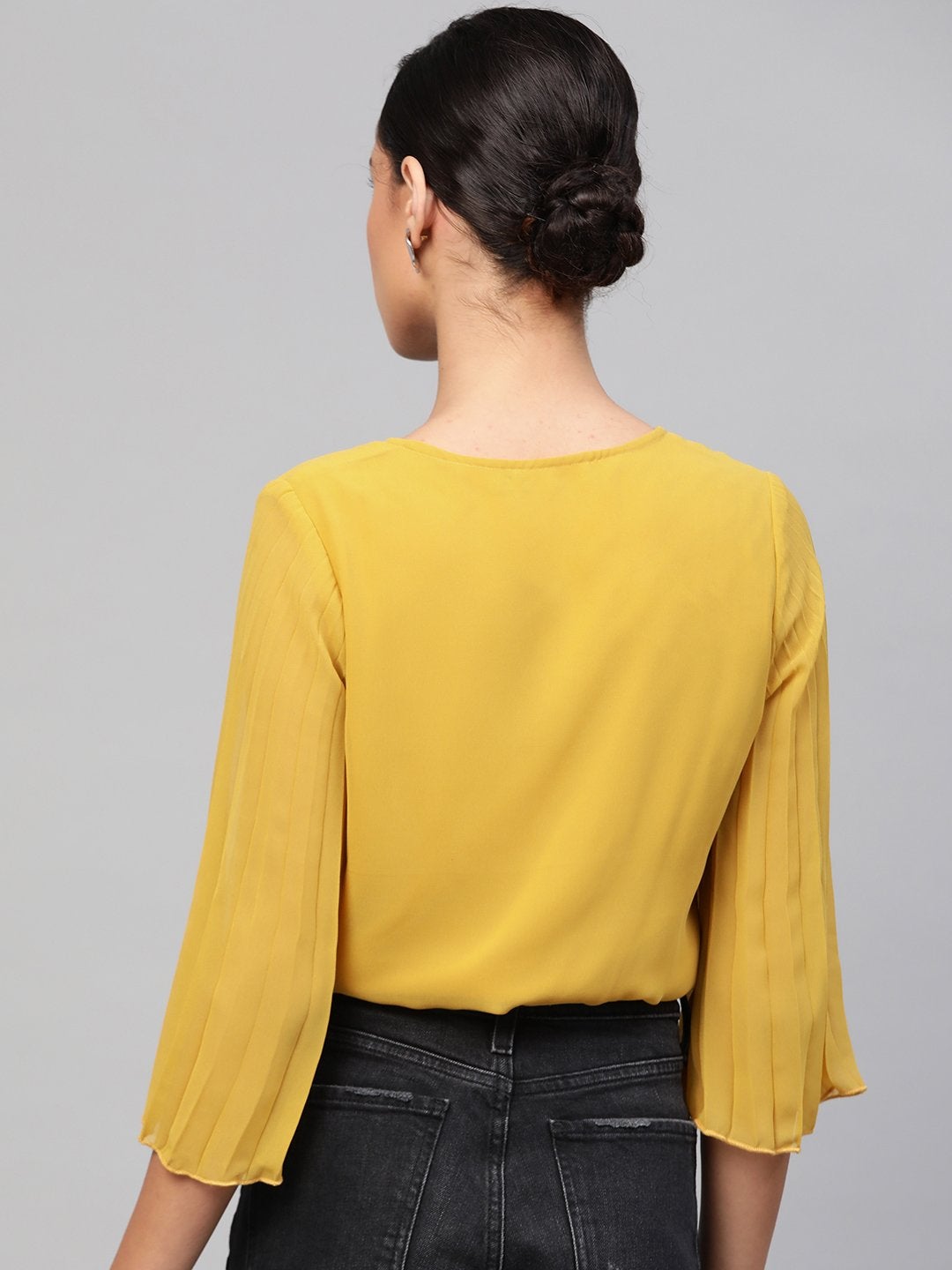 Women's Mustard Pleated Sleeve Crop Top