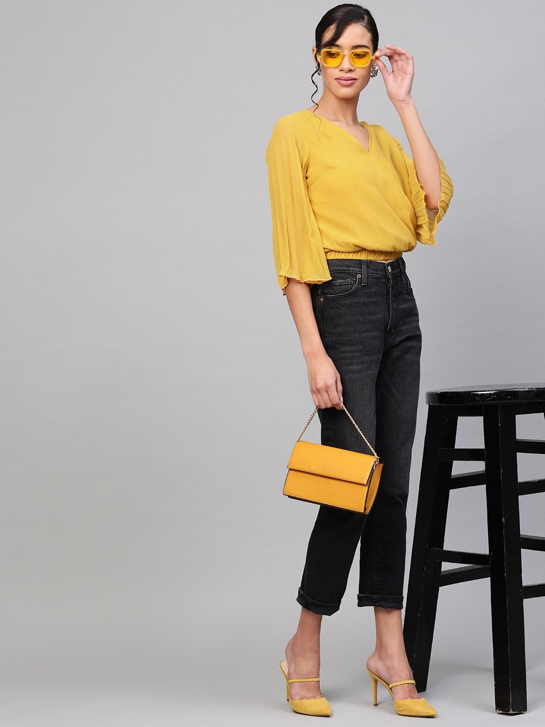 Women's Mustard Pleated Sleeve Crop Top