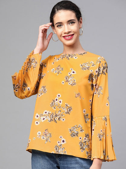 Women's Mustard Floral Pleated Sleeve Hem Top