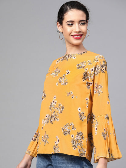 Women's Mustard Floral Pleated Sleeve Hem Top