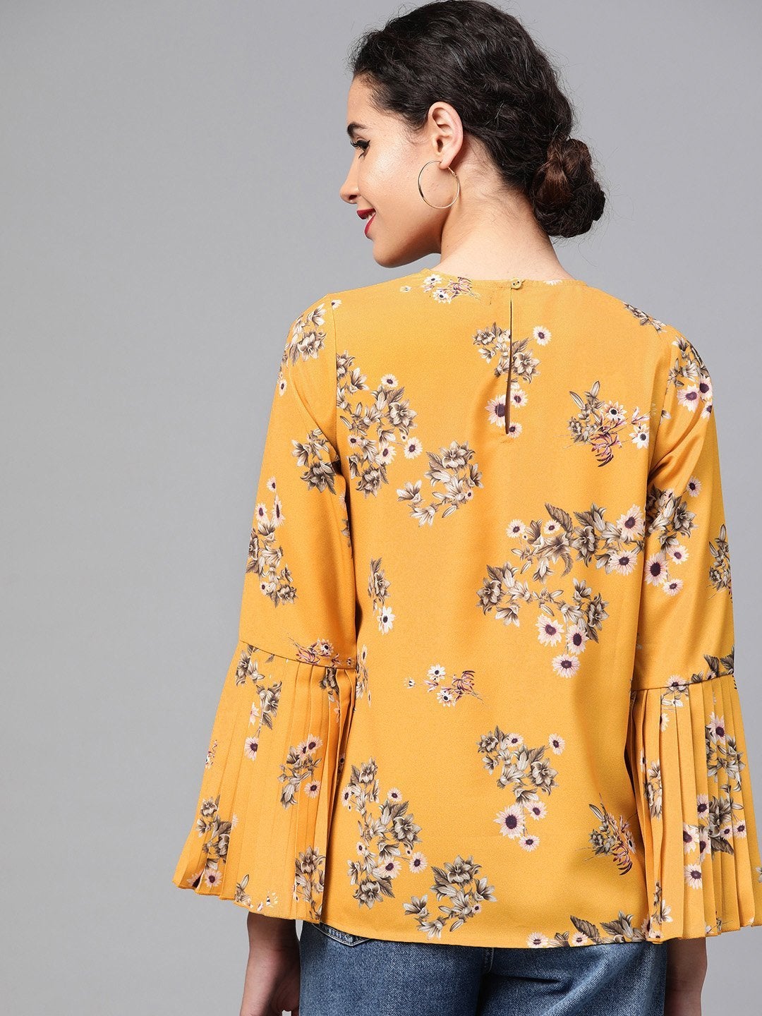 Women's Mustard Floral Pleated Sleeve Hem Top