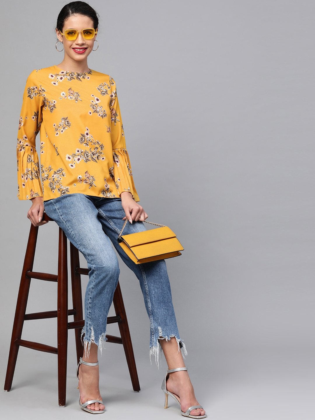 Women's Mustard Floral Pleated Sleeve Hem Top