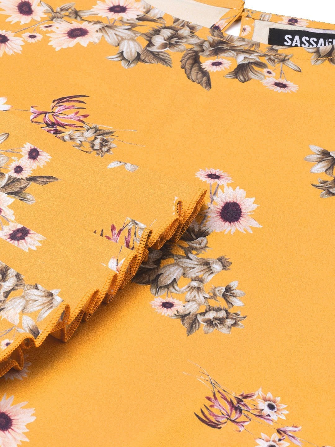 Women's Mustard Floral Pleated Sleeve Hem Top
