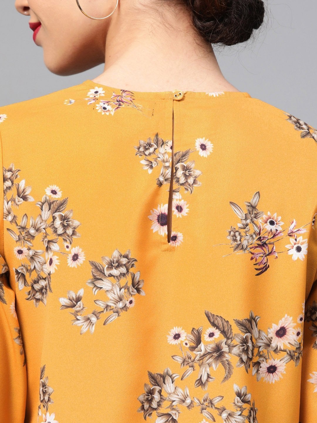 Women's Mustard Floral Pleated Sleeve Hem Top