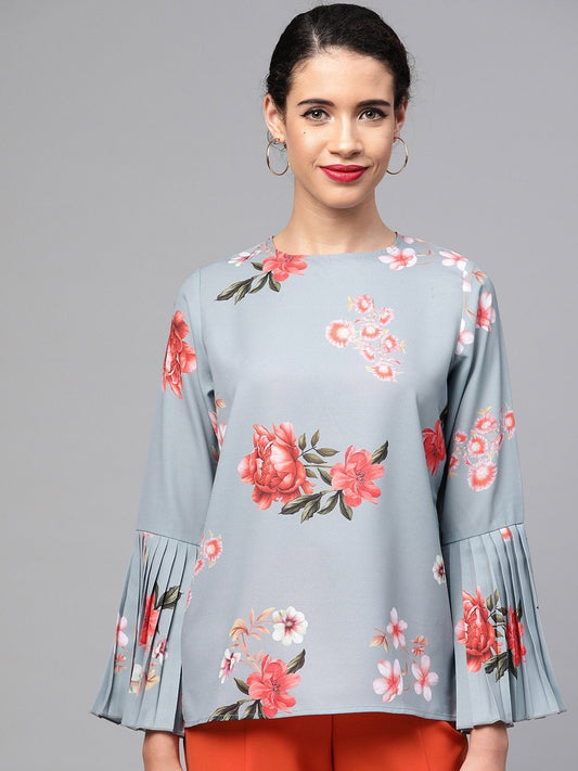 Women's Steel Blue Floral Pleated Sleeve Hem Top