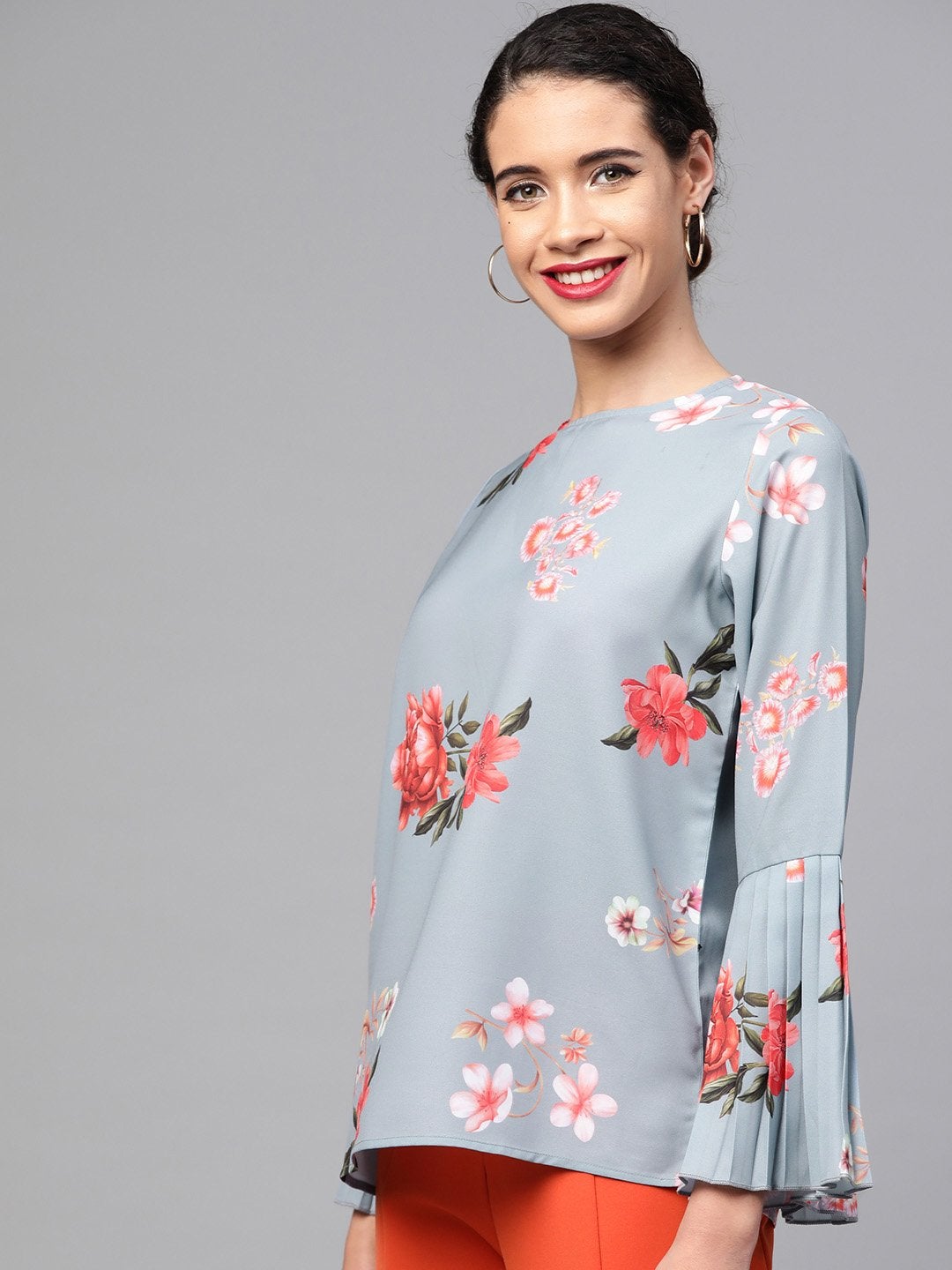 Women's Steel Blue Floral Pleated Sleeve Hem Top